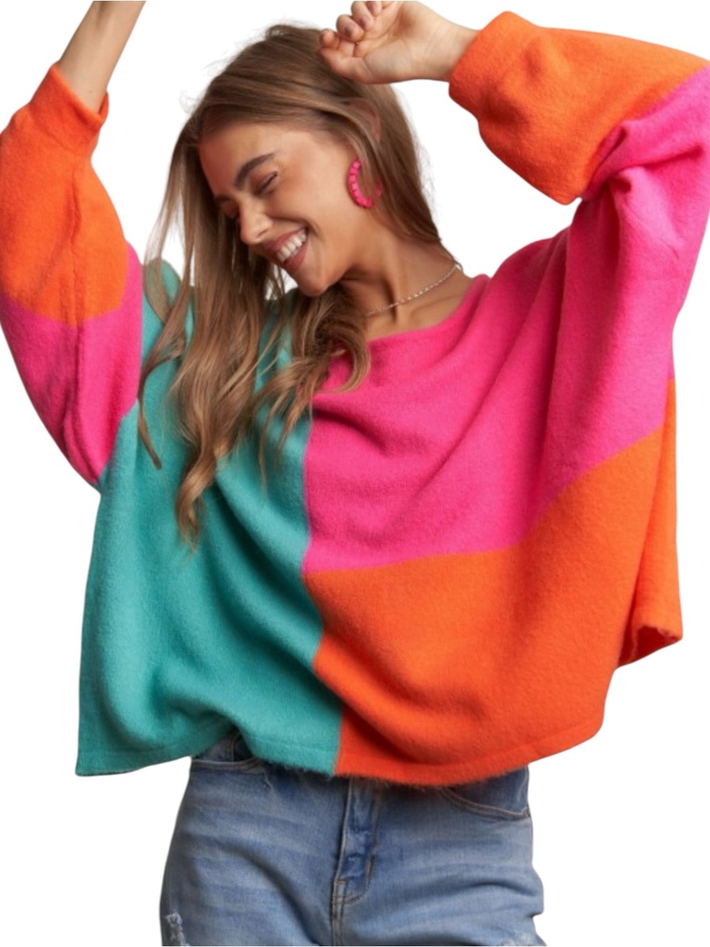 7108. ADORA Colorblock Relaxed Fit Sweater - Pink, Orange & Teal